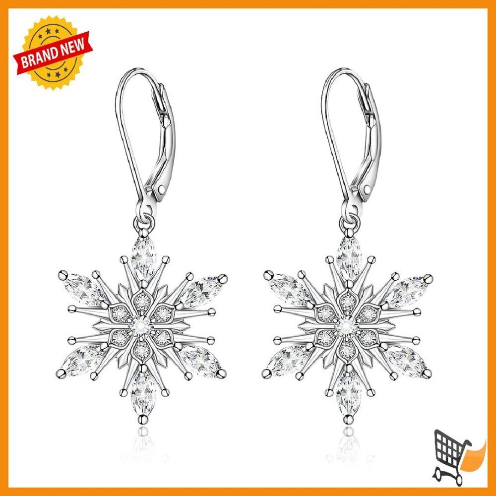 Sterling Silver Snowflake Leverback Dangle Drop Earrings